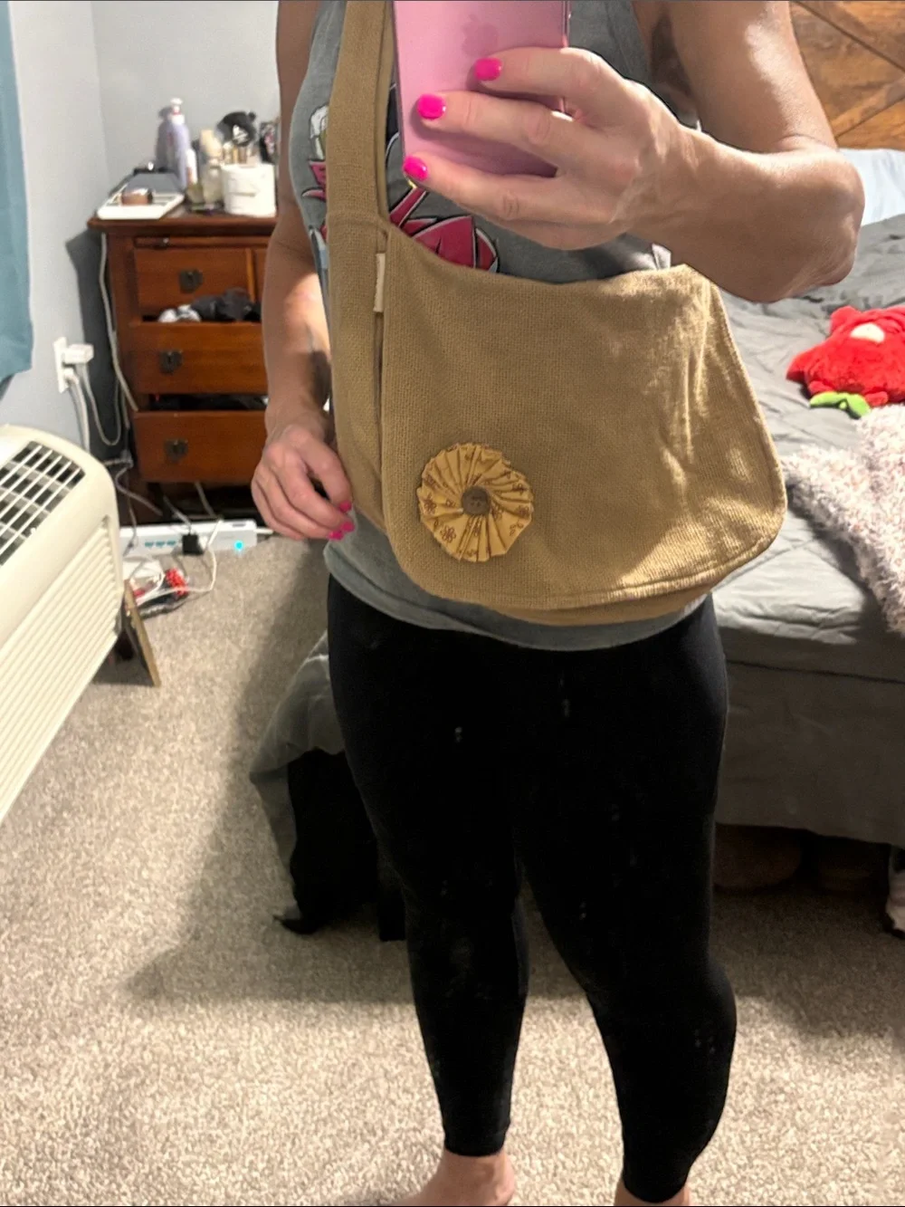 Canvas Crossbody Messenger Bag with Decorative Yellow Rosette